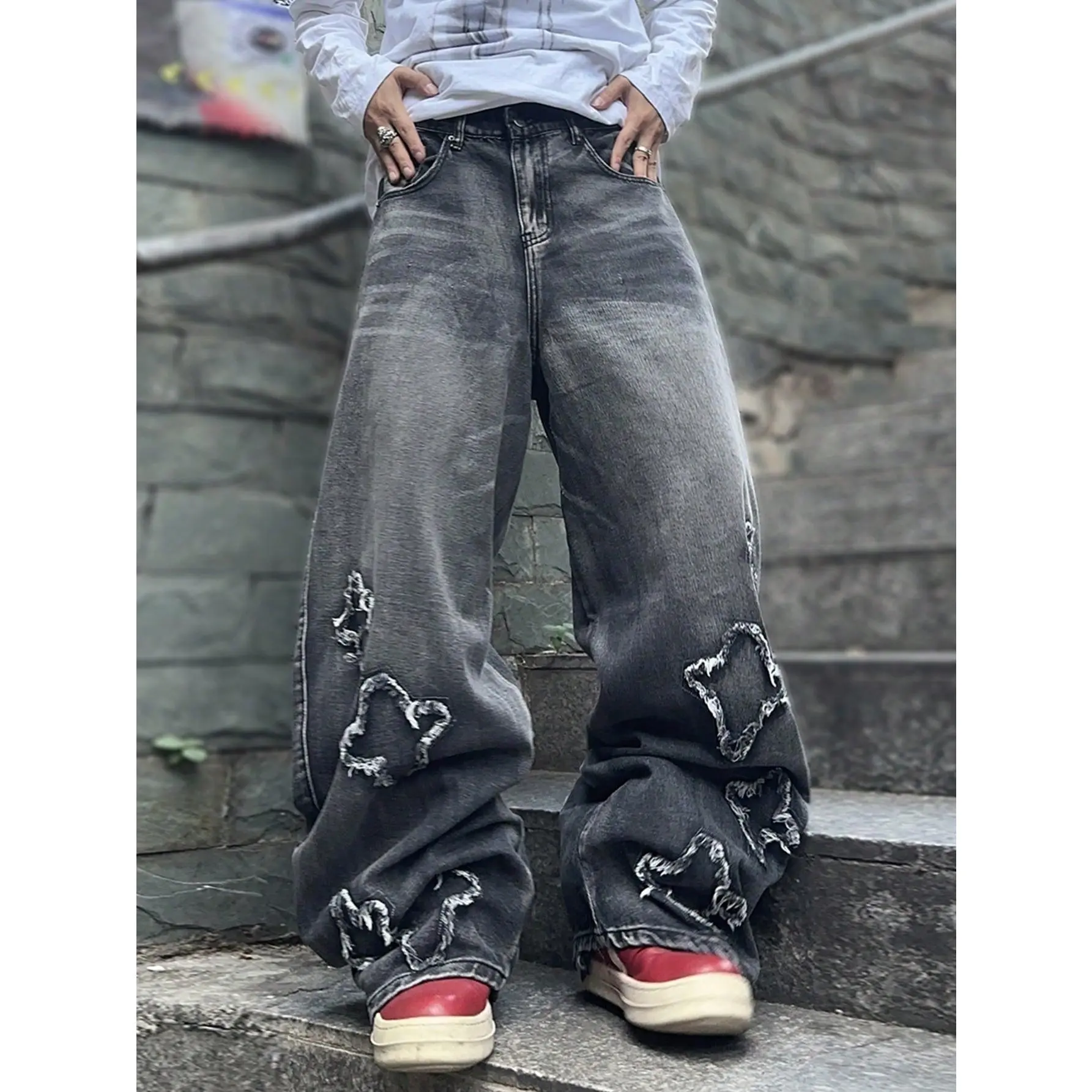 Men's Hip Hop Baggy Jeans Vintage Raw Wide Leg Loose Denim Pants Summer Streetwear Outfits