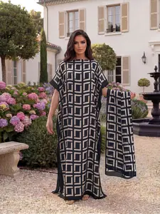 Women's Casual Geometric Print Robe Set, Long Sleeve Cape Dress + Headscarf, Sun Protection Silk Scarf, Beachwear Beach Cover Up for All Seasons