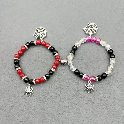 2pcs Halloween Spider Bracelet for Couples Friendship Spider Pink Charm Gift Lovers Jewelry, 0.8X9X14.5cm