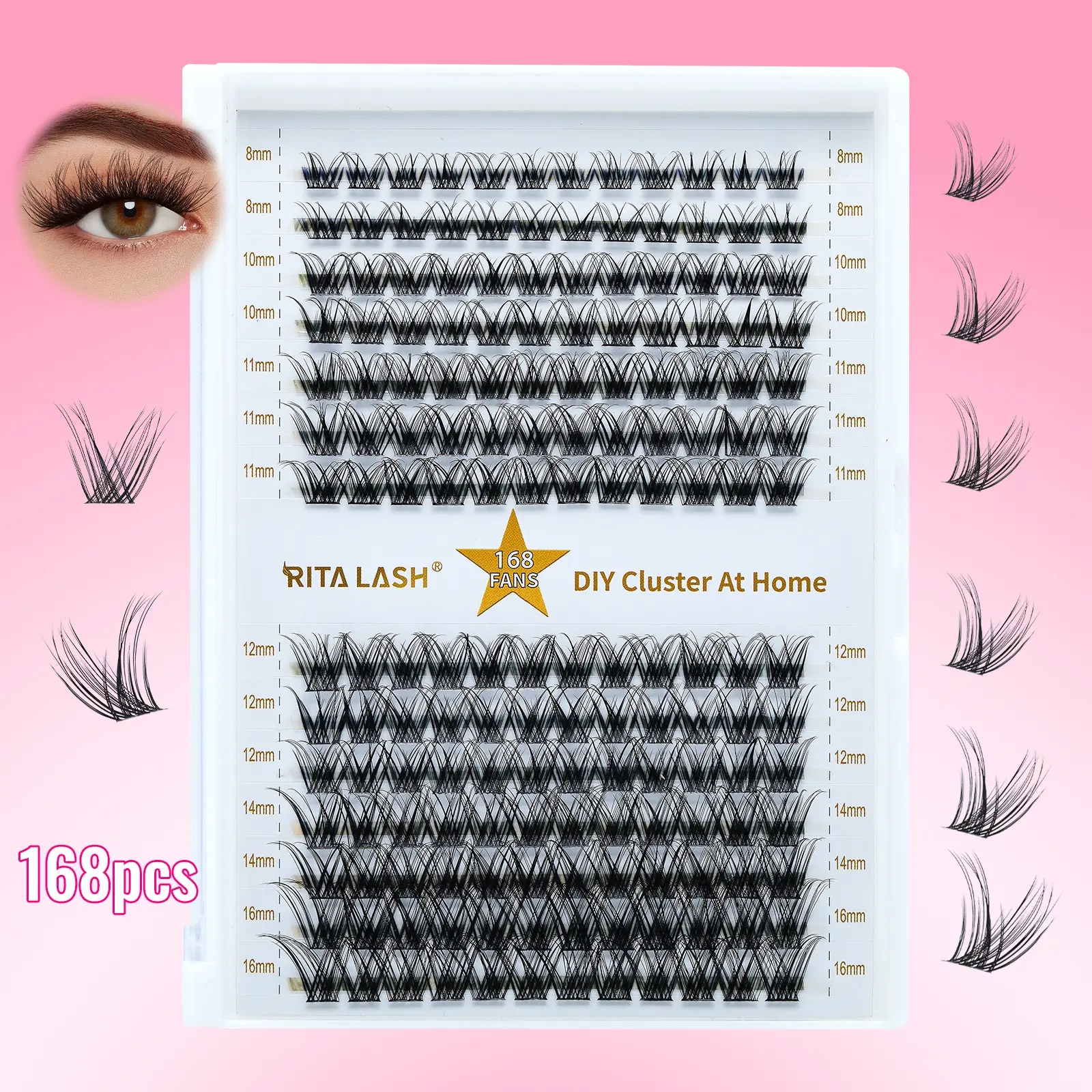 RITALASH 168PCS D Curl Eyelashes Natural Soft Individual DIY Clusters Lashes 8-16MM Eyelash Extensions Makeup Lash Clusters, Fake Lashes, Fluffy Cluster Lashes, Cluster False Lashes