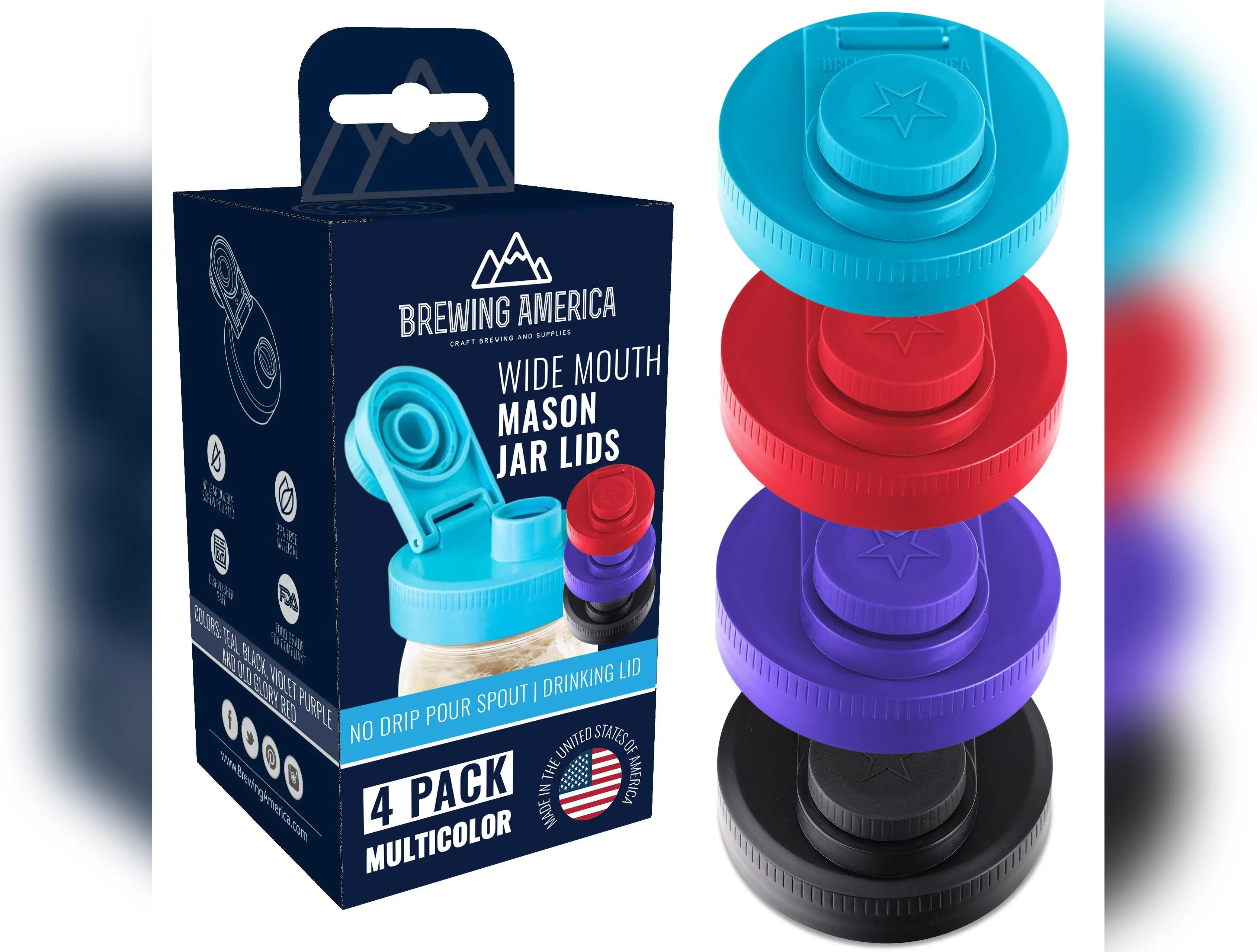 Mason Jar Lids Wide Mouth Plastic 4 Pack Leak Proof with Flip Cap Pouring Spout & Drink Hole Multi-Color Pack