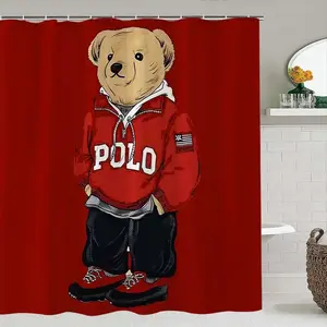 Teddy Bear Print Shower Curtain Set, Modern Decorative Bathroom Decor, No-Drill Hooks Included, Multifunctional Bath Divider, Gift for Friends & Family