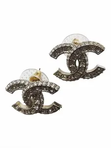 Pre-owned Chanel Classic CC Logo Crystal Strass Pierced Earrings CCJE01