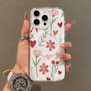 Soft Girl Magnetic Case for iPhone11/12/13/14/15/16/17/promax, Valentine Floral Heart Pattern Lightweight, Drop-Proof, MagSafe Compatible | Perfect for Teen Girls