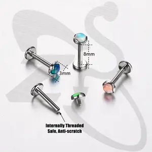 ASTM F136 Titanium 16G 8mm Medusa Piercing Jewelry for Conch, Tragus, Helix, Labret, Cartilage - Flat Back Earrings Hypoallergenic Internally Threaded Opal Ashley Piercing Lip Jewelry