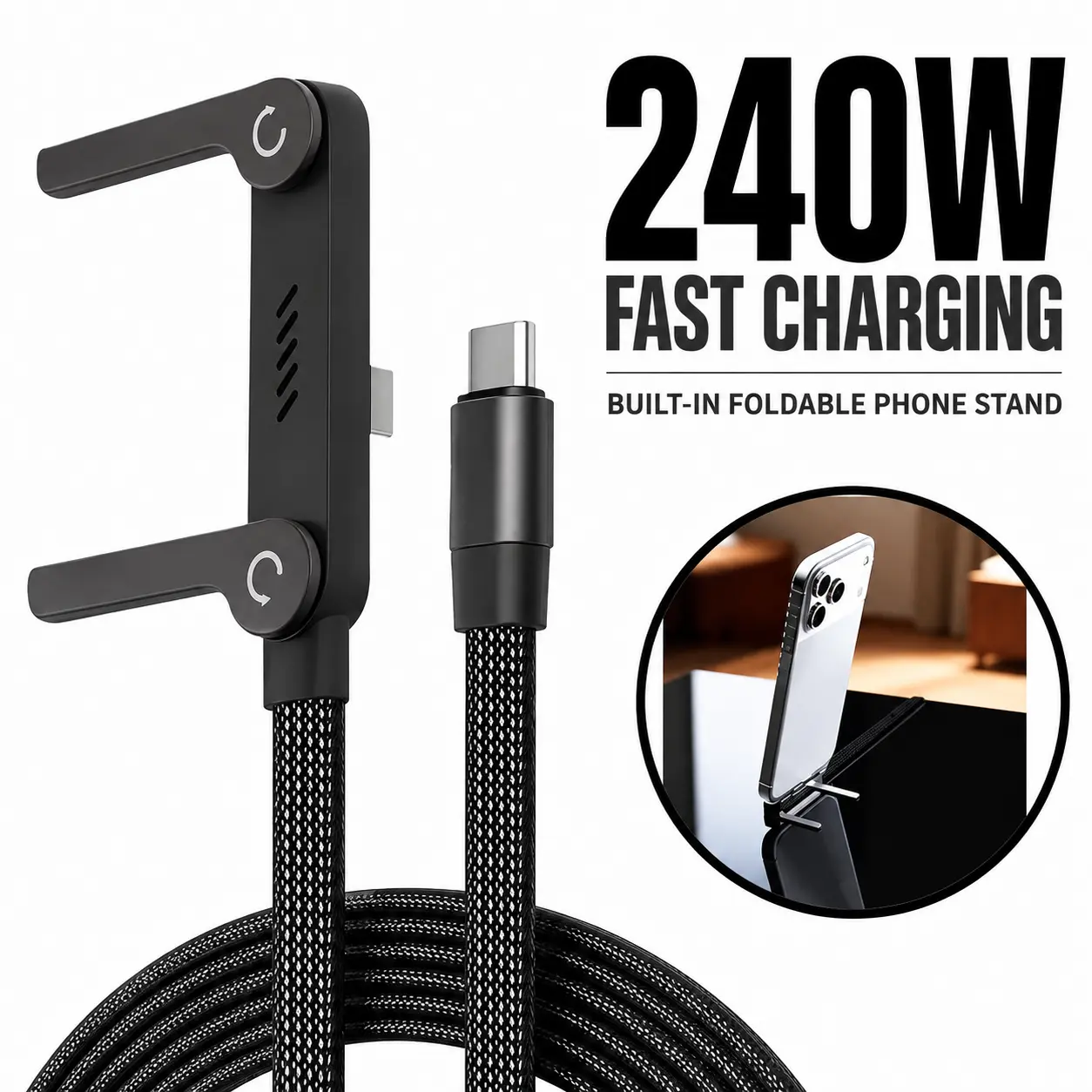 240W 2-in-1 Type-C to C Fast Charging Cable with Foldable Phone Holder, Compatible with Phones and Tablets