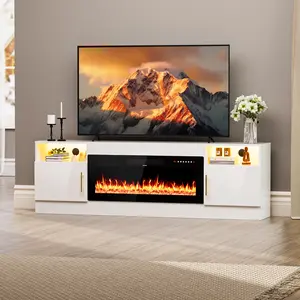(2 Packages Shipping) AHB Fireplace TV Stands - 70-in Modern Media Console Cabinet with 36-in Electric Fireplace (Fits 80-in TVs Max), High-Gloss Door LED Lighting Entertainment Center for Living Room