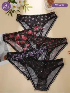 Women's Floral Print Panties, Breathable Mesh Fabric, Comfortable Elastic Waistband, Casual, All Seasons Wear, Large Size Available, Underwear