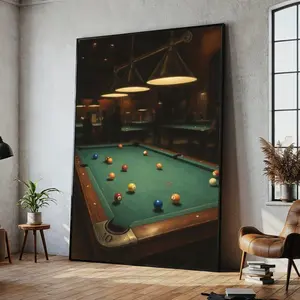 Vintage Pool Hall Scene , Billiards Game Art, Sports Bar Wall Decor, Retro Billiard Table Painting, Home Game Room Art