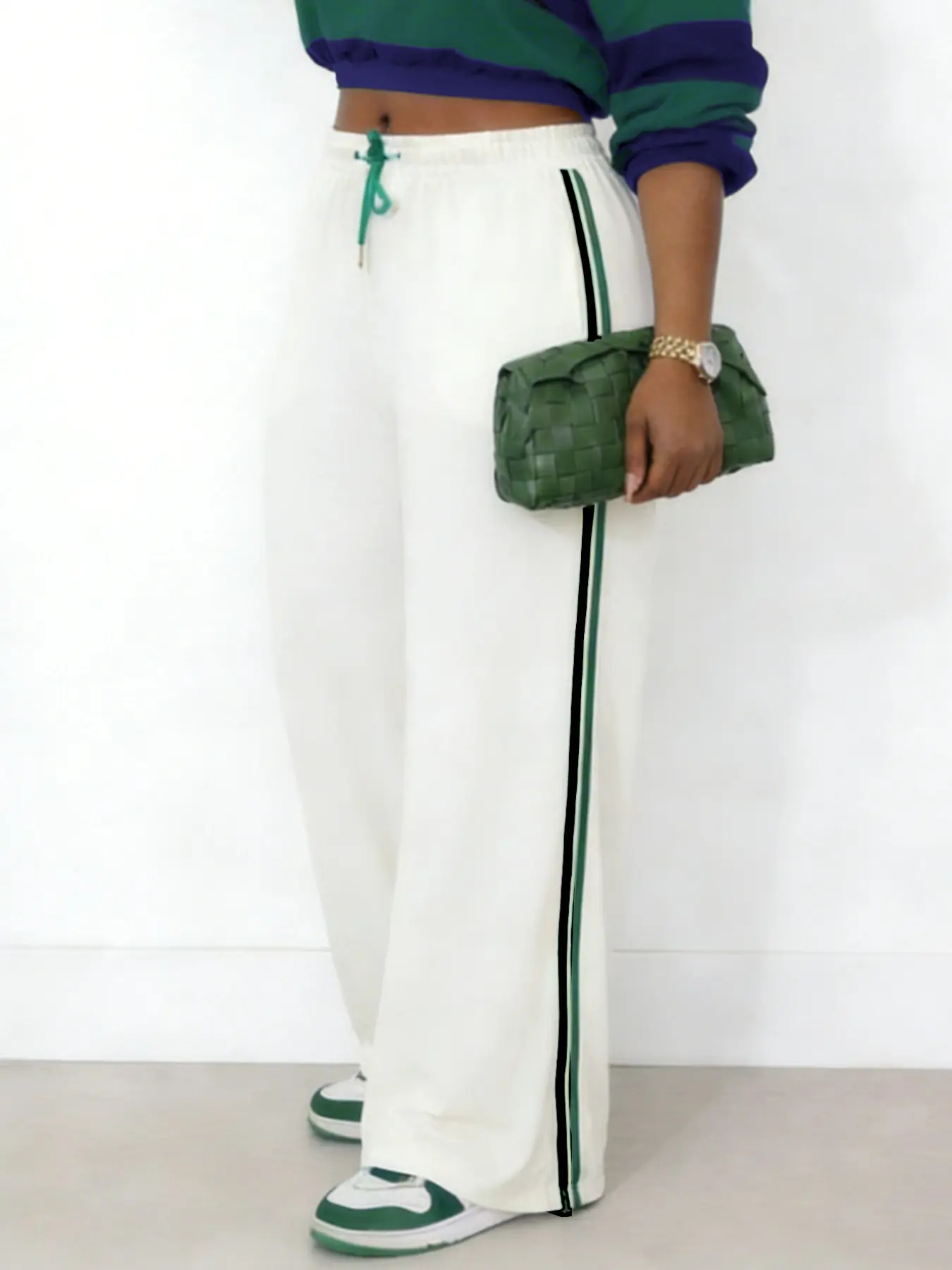 Cloudy White Side Stripe Striped Wide Leg Fitted Casual Lounge Pants Womenswear Bottoms, Casual Fashion Bottoms, Sweatpants, Casual Style Bottoms