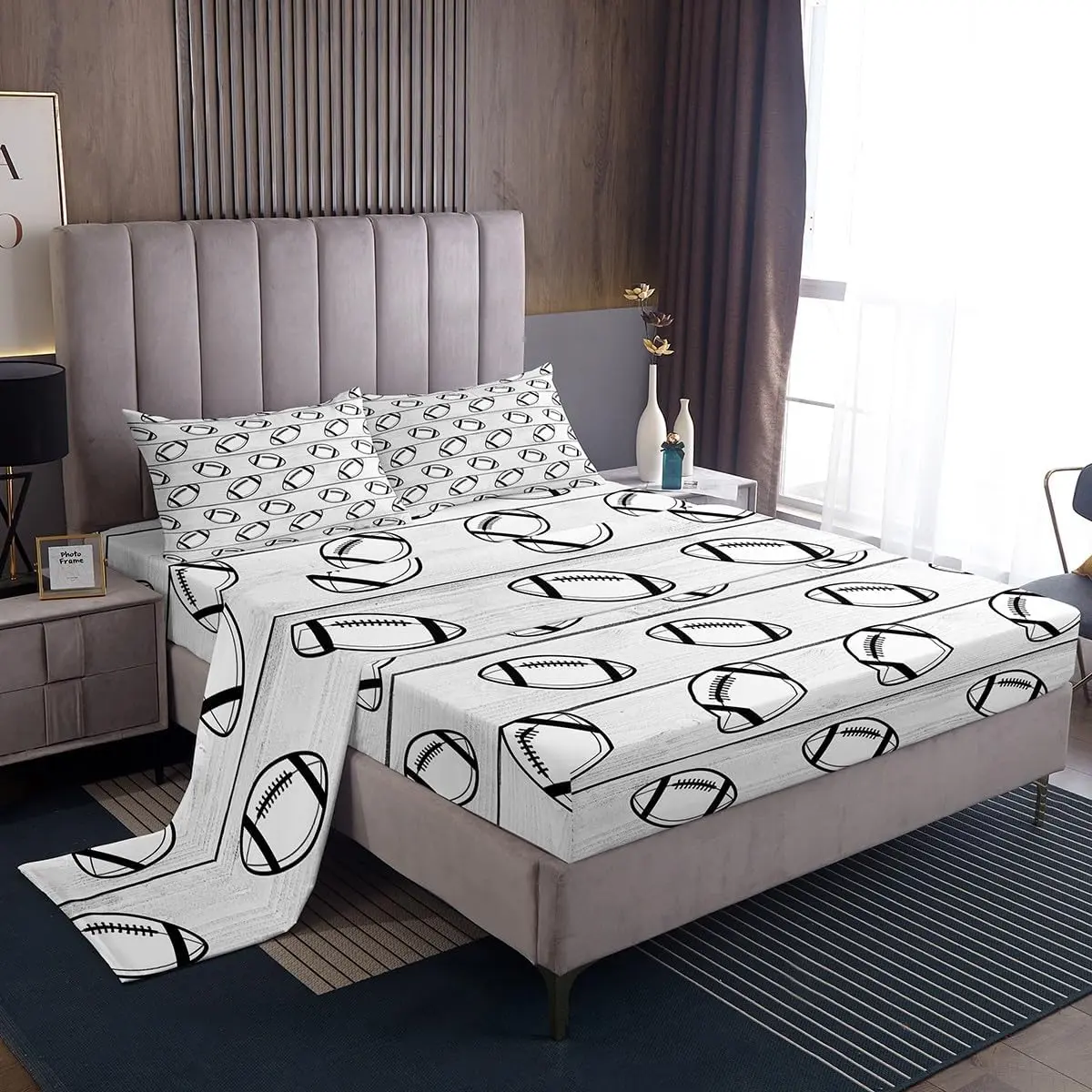 Football Sheet Set,Sports Gaming Theme Bedding Set Room Decor,Grey Wooden Plank Bed Sheet Set Fitted Sheet + Flat Sheet
