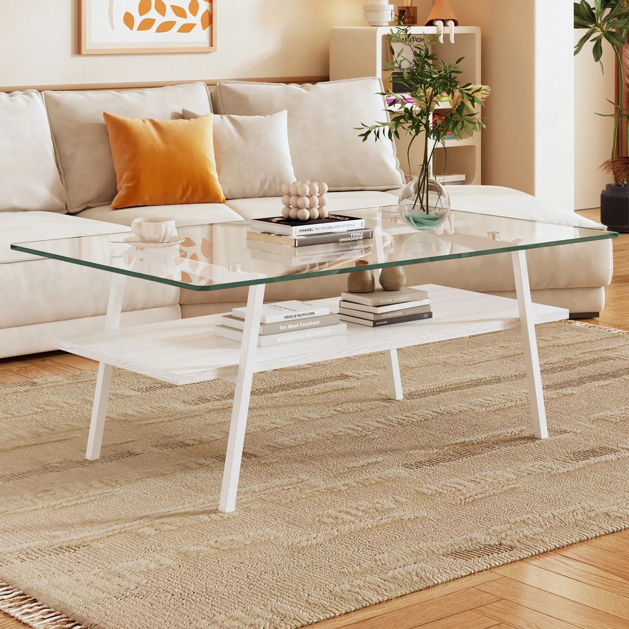 Minimal Chic Modern Accent Coffee Table - Indoor Furniture, Rectangle Shape, Large Surface, Tempered Waterproof All-Glass Flat-Top, Sturdy Glass-Metal Construction, Easy Assembly, Instruction Guide Included, Living Room Decor Piece, Modern Accent Tables