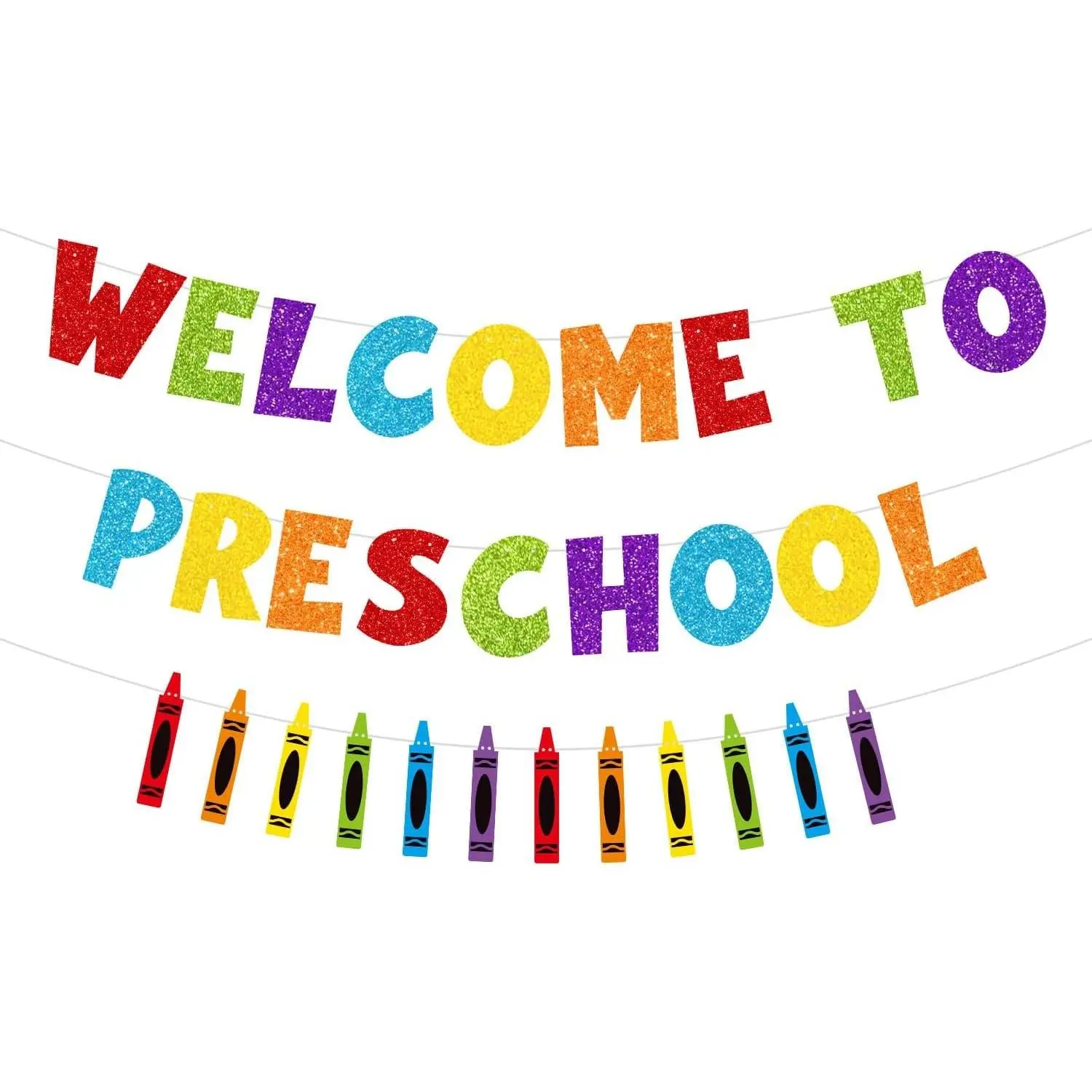 Glittery Welcome to Preschool Banner First Day of School Party Decorations | Colorful 1st Day of Preschool with Crayon Patterns Pre-strung Welcome Back To School Party Supplies for School Classroom Home