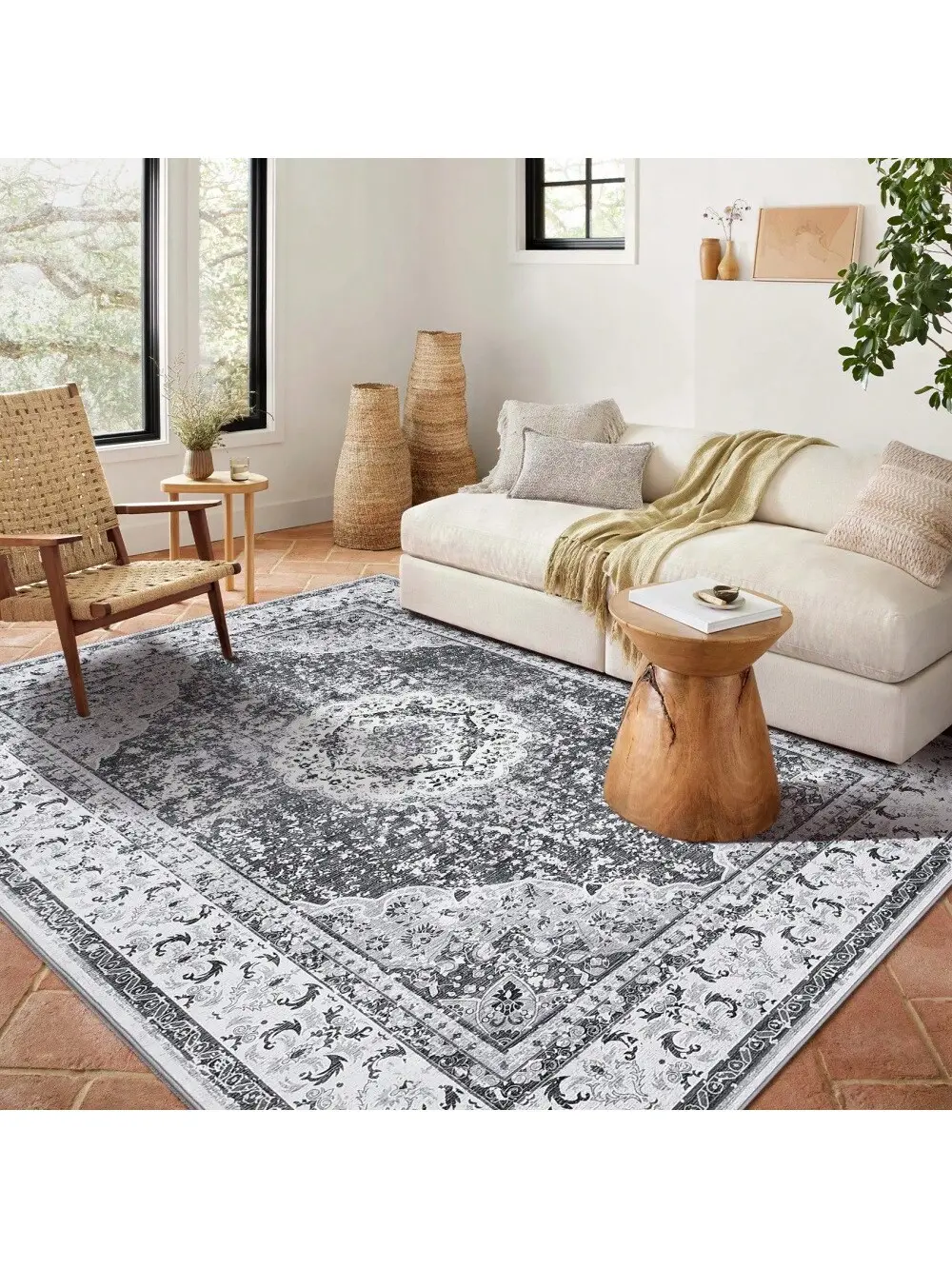 【Christmas Gift】Black and Grey-5*7 feet Short Pile Area Rugs For Living Room Carpets Boho Washable Large Rugs For Bedroom Modern Vintage Classic Lounge Rug