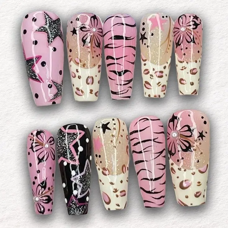 Handmade Starlit Glam Y2K Press On Nails | Pink Leopard Zebra Star Glitter Long Coffin Fake Nails with FREE Adhesive Tabs FREE Nail File FREE Cuticle Stick