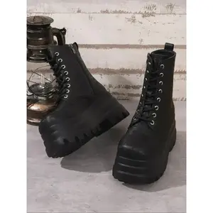 Valentine's Day Women's Square Toe Solid Color Lace Up Ankle Platform Boots, Casual Comfortable Platform Boots for Daily Wear, Female All-match Trend Shoes for Winter