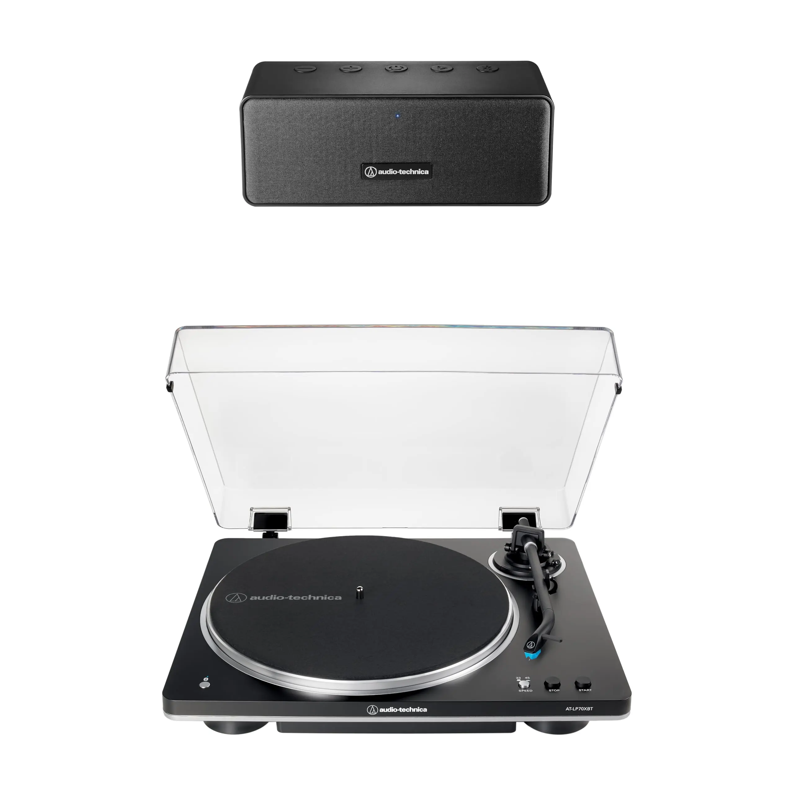 Audio-Technica AT-LP70XBTBSP2 Belt-Drive Compact Portable Turntable Speaker Pack - Bass Speakers, 10.6" Wide, Wireless, Cable-Compatible, Full Auto Play, 33-1/3 & 45 RPM, 3.5mm Auxiliary Jack, Detachable RCA Output Cable, Black for Analog Music Setup