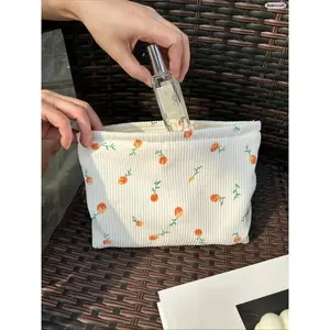 Women's Multi-Function Floral Print Corduroy Makeup Bag, Recycled Cloth Cosmetic Pouch with Zip Closure, Travel-Ready Multi-Compartment Aesthetic Beauty Organizer for Skincare, Lip Balm