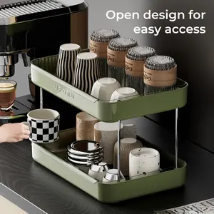 UFORU 2/3 Tier Cup Drying Rack, Vintage Countertop Cup Storage Organizer with Drain Tray, Multilayer Kitchen Mug Holder, White/Black/Green Home Desktop Water Cup Stand