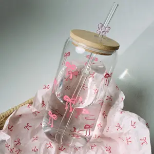 Coquette Pink Girly Preppy Iced Coffee Cup w/ Lids and Straws, Aesthetic Bow Glass Cups, Cute  Drinking Glasses Gifts for 16oz Bow Plastic Cup with Lid and Straw, Vintage Portable Travel Mug, Reusable Water Bottle for Coffee Juice Soda, Perfect Gift
