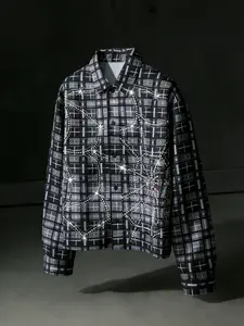 1 Piece Men‘s Long-Sleeve Plaid Shirt With Rhinestone Embellishments, Vintage Black White Gray Checkered for Street Style, Parties and Music Festivals, Casual, Streetwear, Checked