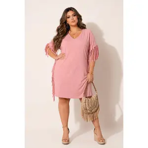 Plus Size Desert Rhythm Fringe Dress - Blush