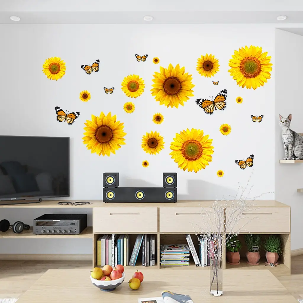 Sunflower Butterfly Wall Stickers for Living Room Bedroom Decor, Cute Decorative Decal Floral Decals for Home Decoration, Easy Peel and Stick Art, Adhesive Stickers