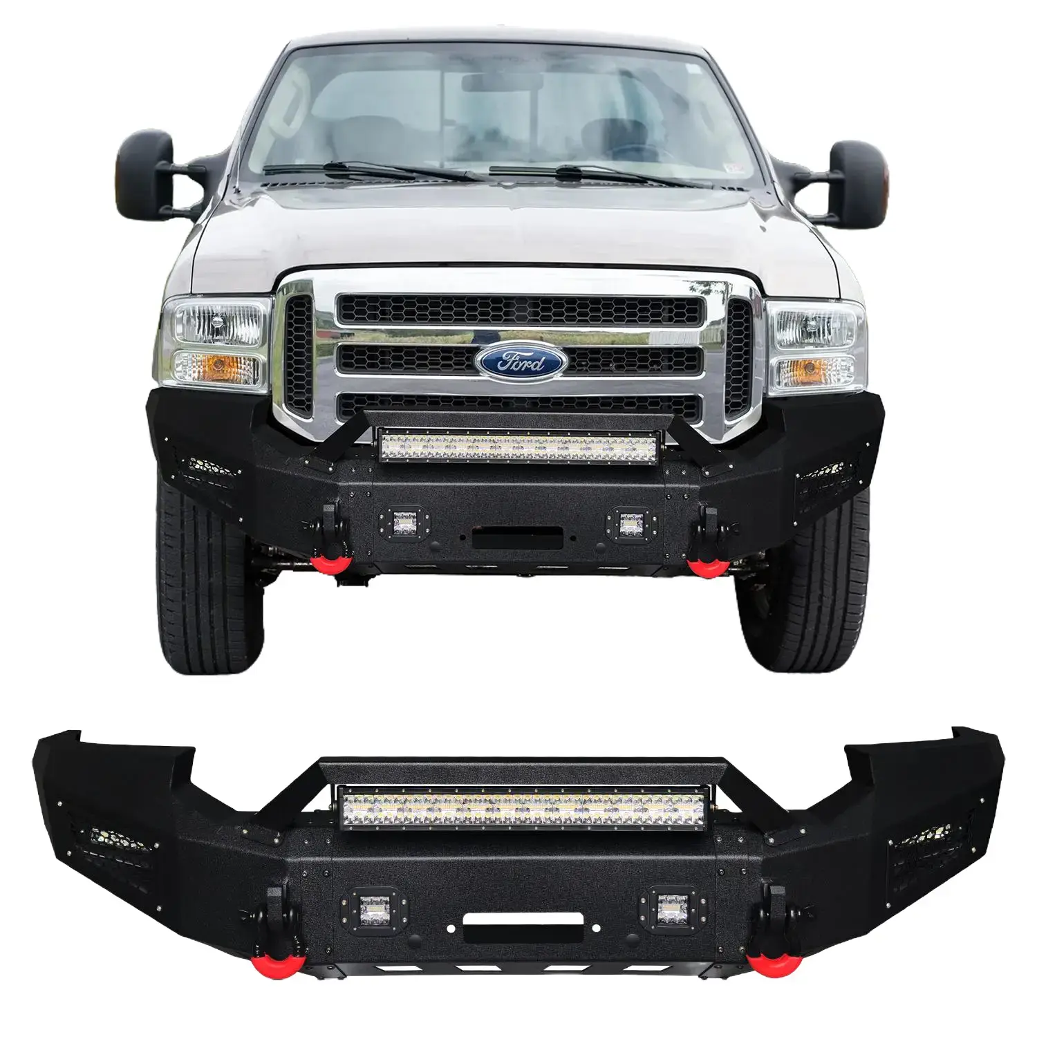 Vijay Black Textured Steel Front Bumper for 2005-2007 Ford F250/F350/F450 Truck - Equipped with Winch Plate, 2 LED Lights, 2 D-Rings, Ideal for Off-Road Use Simple screw installation