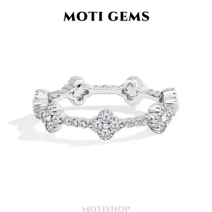 MOTI GEMS Eternity D VVS1 Color Seven Four-Leaf Clovers Round Lab-Created Synthetic Moissanite Rings for Women Hypoallergenic Engagement Wedding Classic Rings Party Gift Fine Jewelry High Quality New