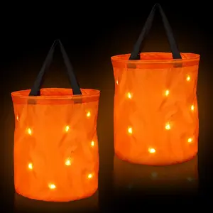 2 Pcs LED Light Halloween Candy Bags Trick or Treat Light up Halloween Candy Bucket Multipurpose Reusable Goody Bucket for Holiday Party Supplies Favors
