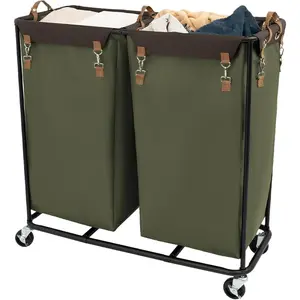 390L Large Laundry Hamper with Wheels, 2 Sections Laundry Basket with Wheels, Clothes Sorter Cart with Divider for Hotel, Home, Green, 1-Pack
