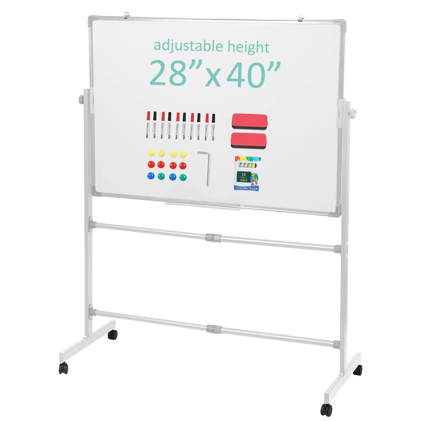 Explorinox 40x28 Inch Reversible Whiteboard Chalkboard on Wheels Height Adjustable 2-in-1 Rolling Mobile Easel Board for Office Classroom Home with 360° Silent Wheels & Complete Accessory Set