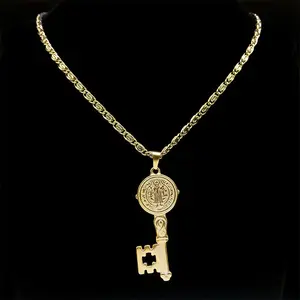 Vintage St. Benedict Key of Life Pendant Necklace Unisex Stainless Steel Hip Hop St. Benito Medal Item