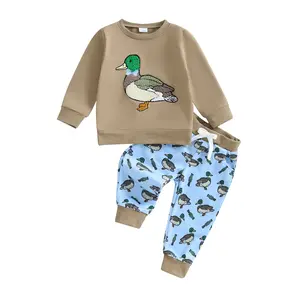 Toddler Baby Boy Country Farm Duck Hunting Clothes Mallard Duck Embroidery Sweatshirt Tops Jogger Pants 2Pcs Set