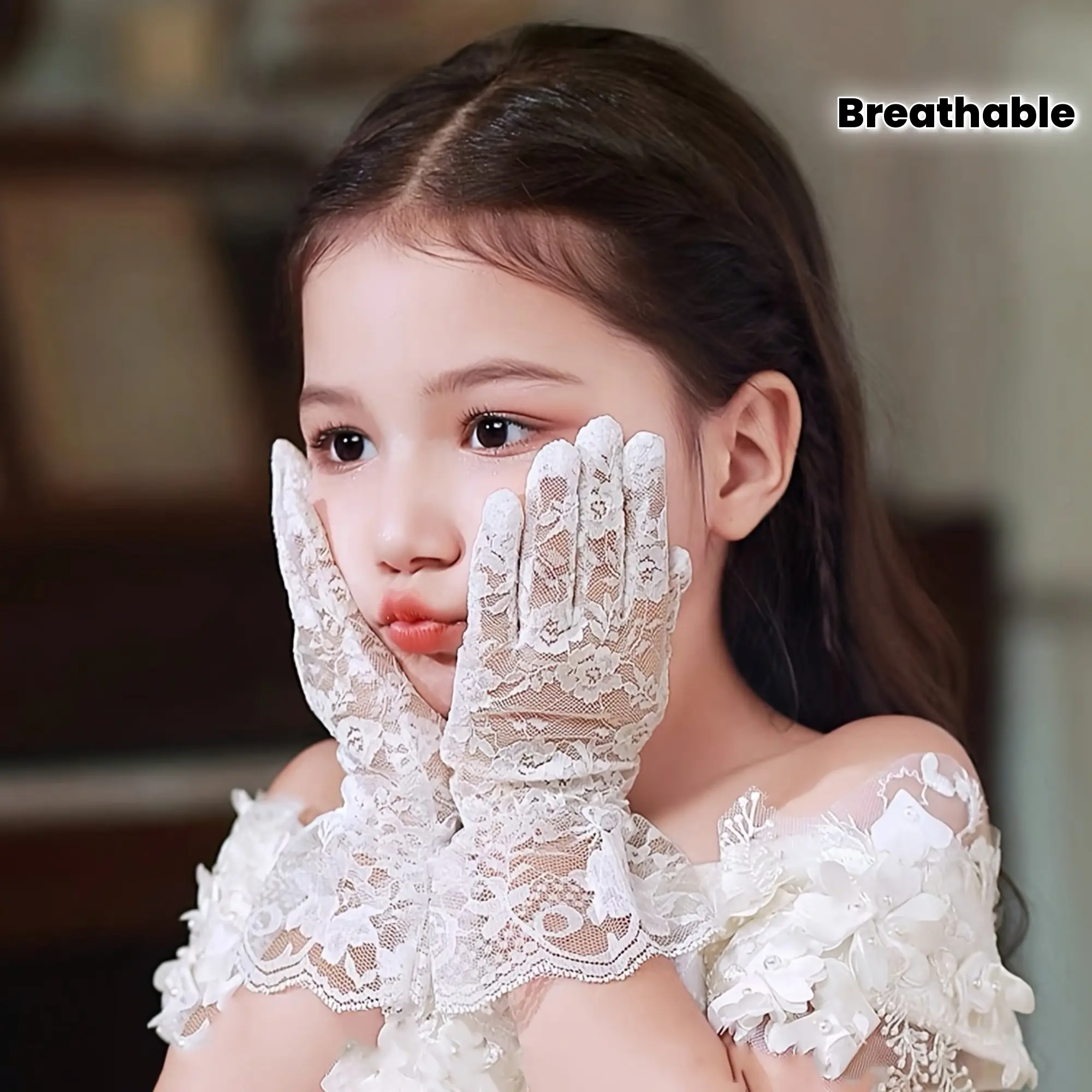 [White Lace Gloves] White Ultra-Stretch Bow Lace Gloves |   Pair of Girls' High-End Wedding, Photo Shoot, Stage Performance, Ceremony Dance, Flower Girl Birthday Five-Finger Gloves
