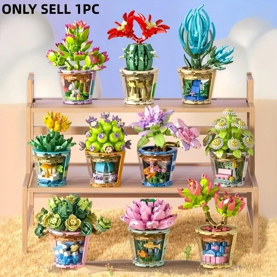 Mini Building Blocks Succulent Potted Plants Set - Building Block Flowers DIY Flower Bouquet Bricks Kit, Diy Building Model, Desk Decor, Tabletop Ornament, Ideal Gift for Christmas, Birthday, Home Office Decor, STEM Educational Toy for Adults & Teens