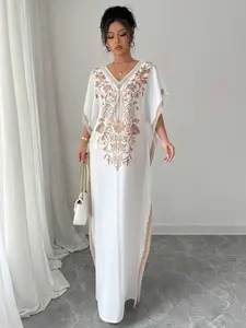 Women's Summer Elegant Casual Work Party Plant Print V-Neck Split Long Dress, Stylish and Comfortable Fashion Apparel Womenswear