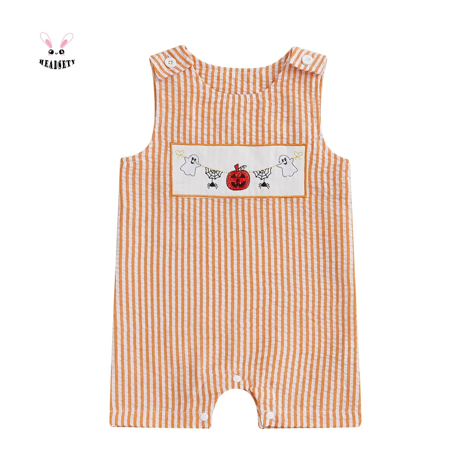 Baby Girl Pumpkin Embroidery Jumpsuit Halloween Sleeveless Round Neck Sweet Plaid Romper
