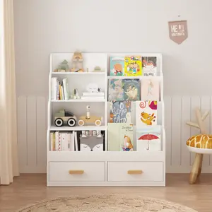Bookshelf with 2 storage drawers, front facing bookshelf and toy storage function, multi-layer reading rack suitable for gaming rooms, bedrooms or - white