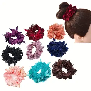 Elegant Hair Accessories - Vintage Lace Scrunchies - Flower Beads Decor Hair Tie Ponytail Holder Hair Ring For Women