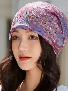 Women's Stretchy Fashion Beanie Hat with Bohemian Embroidery Design, Embroidered Headwear, Lightweight Breathable Polyester Fiber, Perfect for Daily Wear & Muslim Style