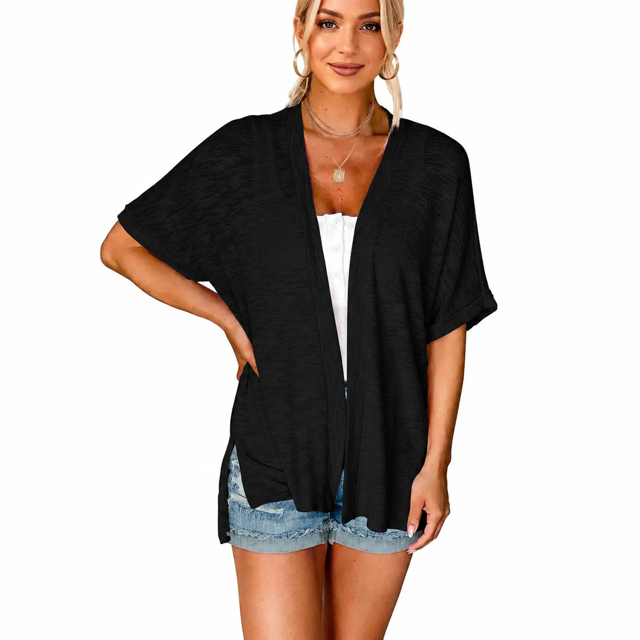 JointlyCreating Women's Lightweight Oversized Open-Front Batwing Short-Sleeve Knit Cardigan - 2026 Summer Beach Coverup, Comfortable Casual Minimalist Basic Vacation Top