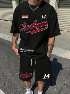 2026 Trending City Sport Streetwear Set - Black Oversized T-Shirt & Shorts "Los Angeles Chicago" Graphic Outfit, Casual Trendy Wear, Soft Breathable Fabric Ideal for Streetwear Fan Daily Wear & Urban Outings, Must-Have for City Sport Style Enthusiasts, Bo
