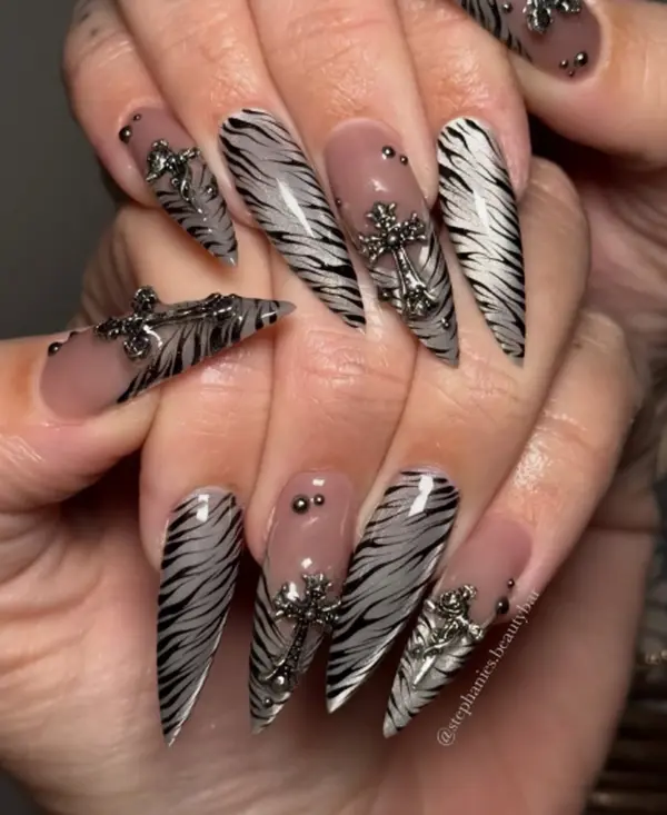 Black Silver Gothic Stiletto Nails with Feather Art, Chrome Charms Cross Details and Nude Base – Dark Alt Y2K Statement Press On Nail Design