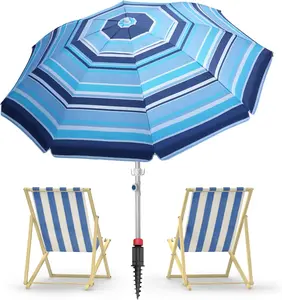 7ft Heavy Duty High Wind Beach Umbrella Parasols with sand anchor & Tilt Sun Shelter, UV 50+ Protection Outdoor Sunshade Umbrellas Carry Bag for Patio Garden Pool Backyard Stripe Blue