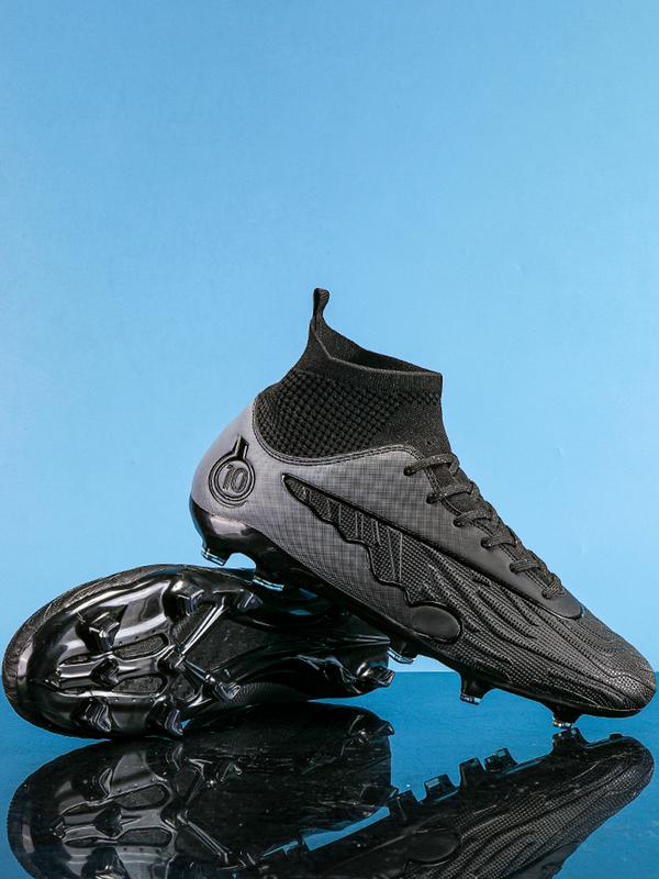 Lace up High Top Football Shoes, Anti-slip Spike Soccer Shoes, Matching Black Football Cleats, Solid Color Outdoor Sports Training Shoes, Football Field Boots, Men Shoes