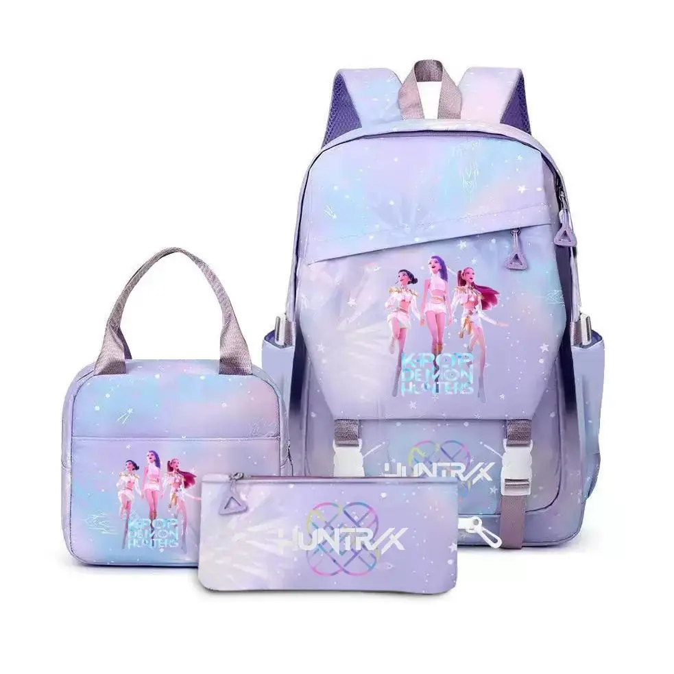 3‑Piece Kpop Backpack Set, Gradient Galaxy Star Print School Backpack with Insulated Lunch Bag and Zipper Pencil Case, Casual Daypack for Teen Girls Women