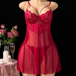 Camisón de lencería para mujer, sexy, travieso, con abertura alta, de encaje, camisón de malla transparente Floral Lace Corset Lingerie Set