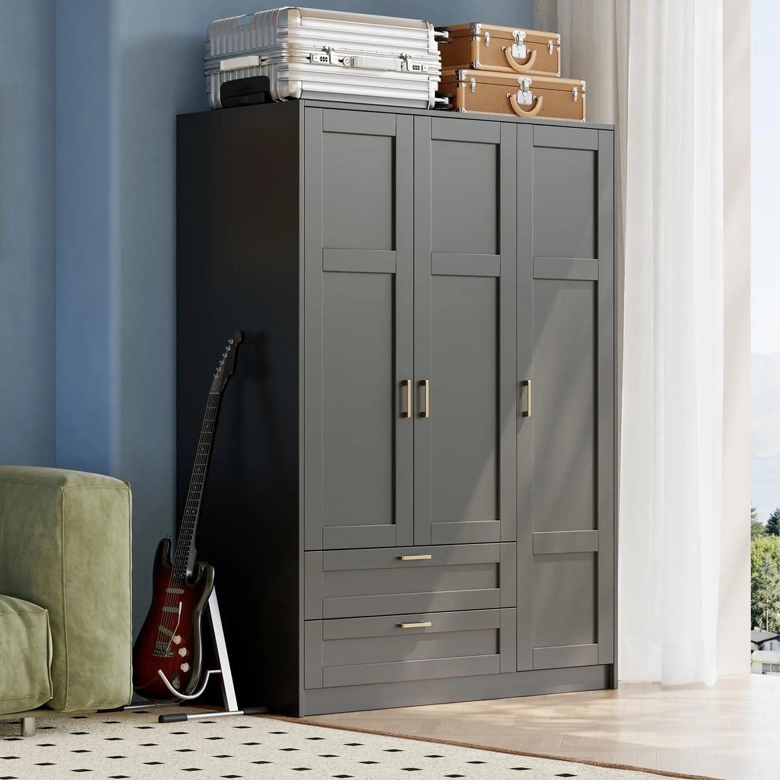 GARVEE 66" Freestanding Wooden Armoire - 3-Door Closet with Hanging Rod, 2 Drawers, 3 Shelves, Large Capacity Indoor Furniture for Bedroom, Black