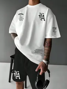 Men's Plus Size Letter Print Round Neck Short Sleeve T-Shirt and Matching Shorts Set, Casual Fashion Set, Comfortable Casual for Relaxed Wear